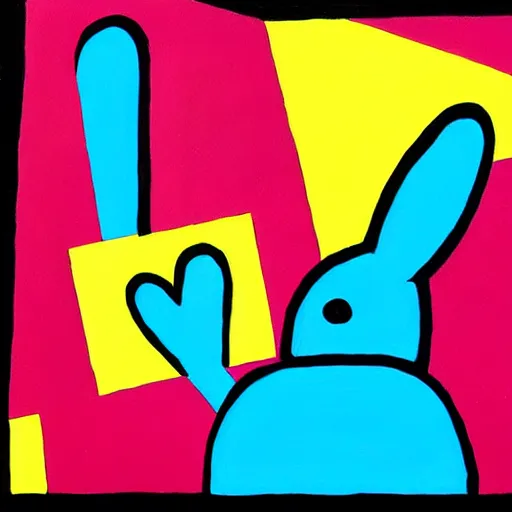 Image similar to a painting of a man and a rabbit holding hands, a cubist painting by michael deforge, featured on pixiv, furry art, modern european ink painting, suprematism, mixed media, anime aesthetic, matte drawing, genderless