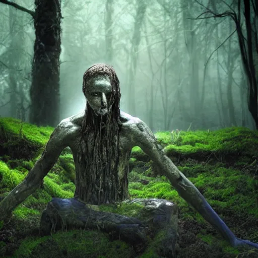 Image similar to Enigmatic Slender Man with Mud and Moss over his skin and plants growing on him is kneeling in a dirty pond, Photorealistic, Sunlight, Creepy, Nature, Hyperrealism, Hyperdetailed