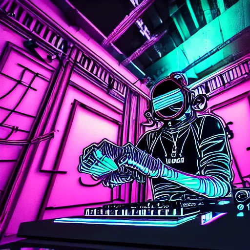 Image similar to intricate detailed artwork of a futuristic hardstyle music dj at an underground warehouse rave in the style of Sandra Pelser, VR headset, wires, speakers, neon