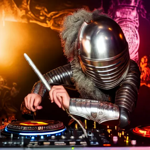 Image similar to photograph of a dubstep dj in holy templar knight armor djing during a medieval party, 8 k resolution, high detail