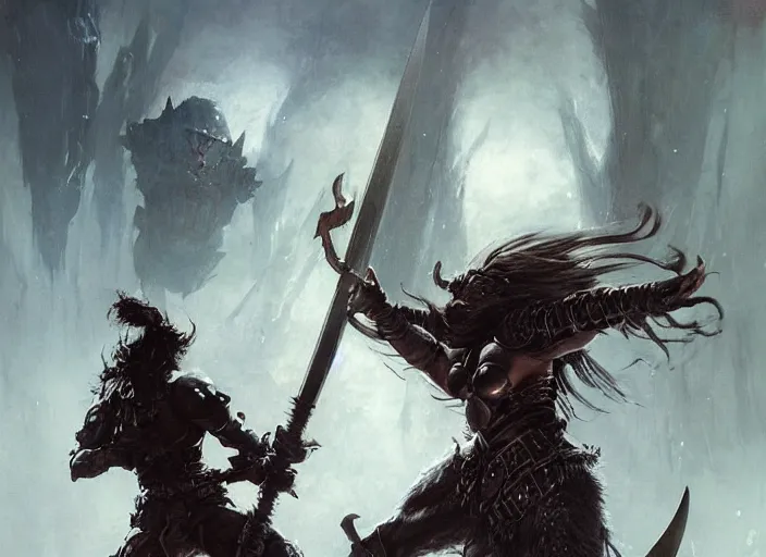 Prompt: A full portrait of a beautiful fur-armored berserker woman, dragging an oversize Gothic claymore into battle, by Frank Frazetta, Greg Rutkowski, Boris Vallejo, epic fantasy art, Exquisite detail, post-processing, masterpiece, cinematic