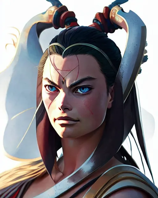 Image similar to azctec warrior, margot robbie, detailed perfect face, exquisite details, fire magic, mid view, design on a white background, by studio muti, greg rutkowski makoto shinkai takashi takeuchi studio ghibli