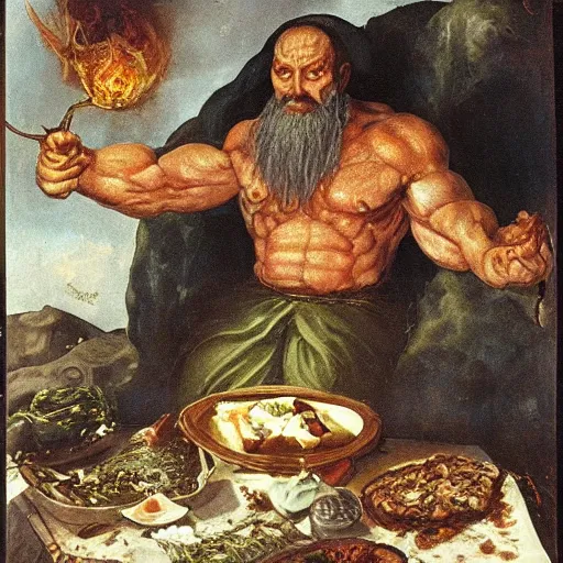 Prompt: primordial god eating his meal