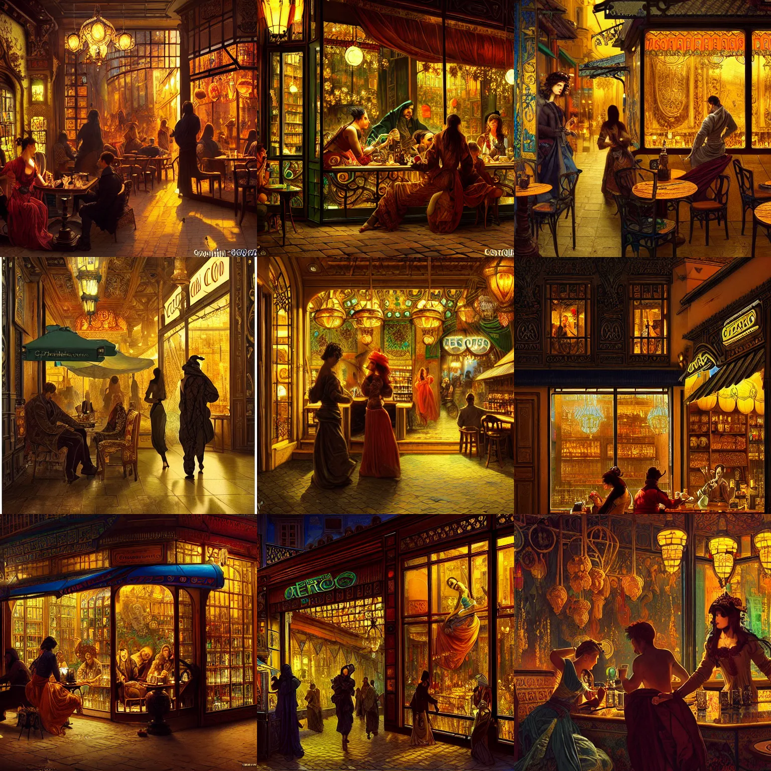 Prompt: AD 2000 Neo Rococo Expressionist orientalism a coffee shop store in The City of Ukraine at night with a few customers 🍸, extreme plus resolution fantasy concept art, intricate details to everything visible, sharp lighting, Dramatic light by denis villeneuve, strong emphasis on alphonse mucha, Makoto Shinkai