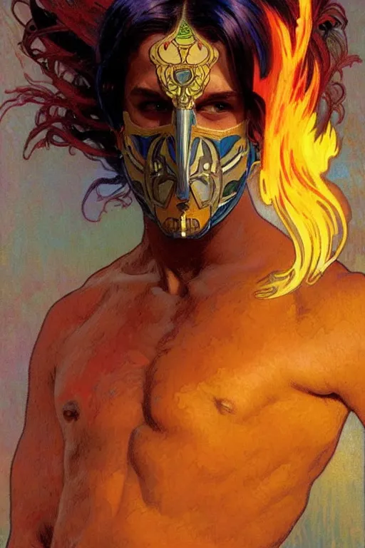 Prompt: A man wearing colorful mask, hair like fire, muscular, painting by greg rutkowski and alphonse mucha