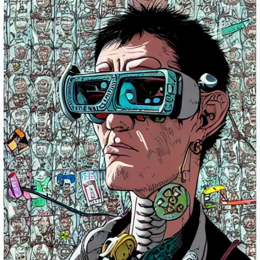 Image similar to close up portrait of a cyberpunk goth guy wearing goggles and eccentric jewelry, by geof darrow, geof darrow art,