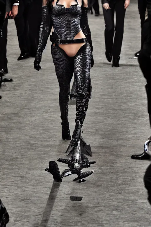 Prompt: a reptilian glamour model walking a catwalk on the edge of a tie fighter