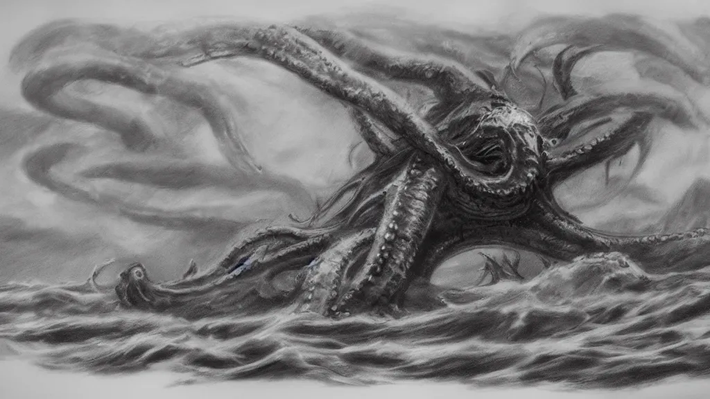 Prompt: A kraken rising out of a stormy sea, concept art, charcoal sketch, 8k, highly detailed, artstation