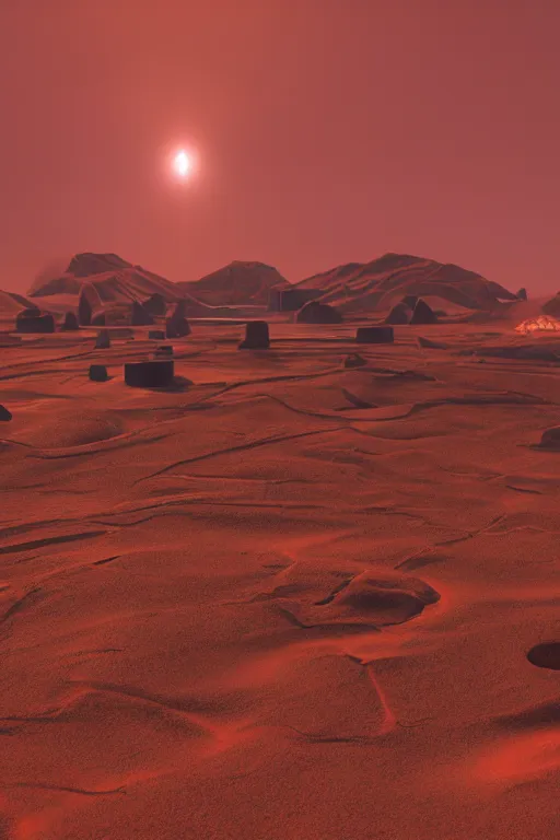 Image similar to mechanoids mining resources on the landscape of the planet arrakis in the style of denis villeneuve, cinematic lighting, raytracing, 8 k, octane render, volumetric, vivid, beautiful, hyperrealism