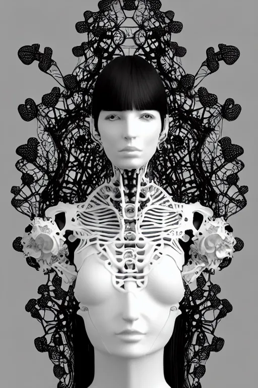 Prompt: black and white 3 d render, biomechanical female cyborg with a porcelain translucent profile face, analog, big leaves foliage and stems, morning glory flowers, hibiscus flowers, boho floral vines, hexagonal mesh fine wire, sinuous fine roots, fine filigree foliage lace, alexander mcqueen, earring, art nouveau fashion embroidered, steampunk, mandelbrot fractal