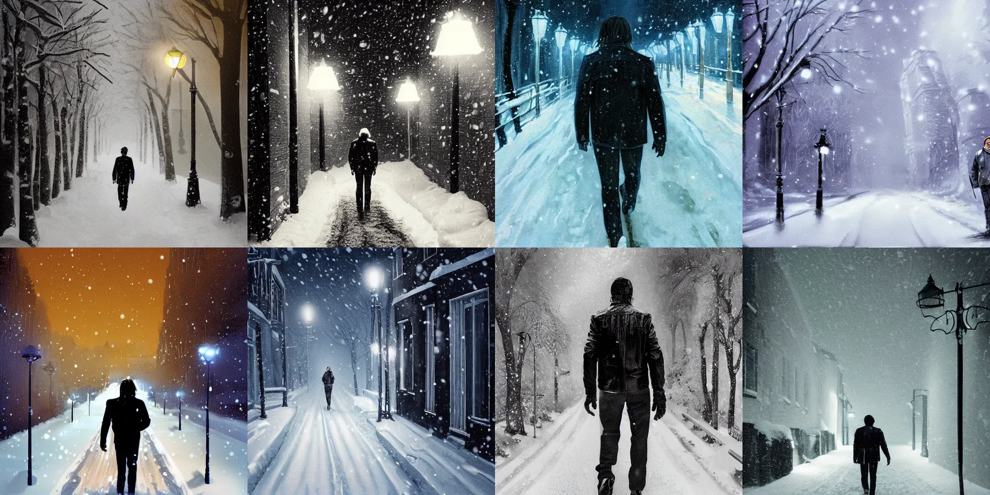 Prompt: photo of snow - covered man from back in pacing to empty narrow alley with street lamps in park with pines to the horizon, dressed in short leather jacket, snowfall at night, 1 9 8 0 s mullet haircut, black hairs, concept art, cinematic, dramatic, painting, digital art, detailed, realistic, igla movie shot, low lighting, 2 4 mm, by repin