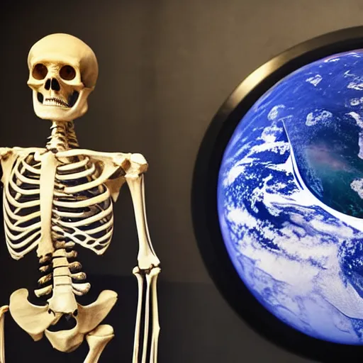 Prompt: A human skeleton in a museum with a picture of planet Earth next to it, science fiction