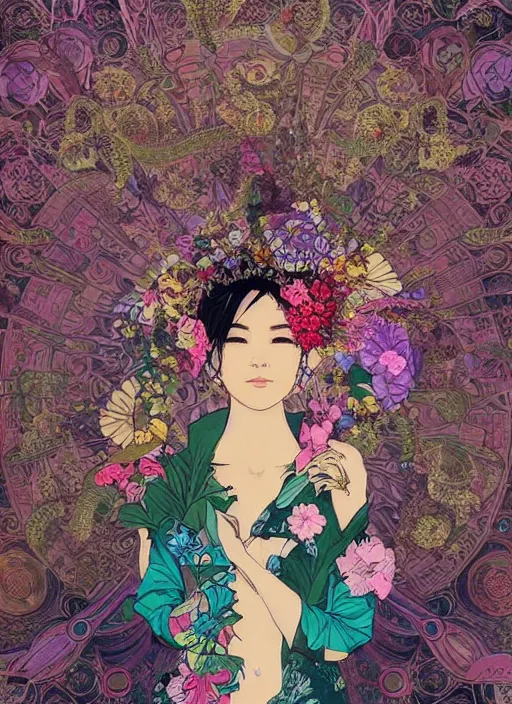 Image similar to !!! very coherent!!! photograph, beautiful floralpunk balinese cyborg portrait girl female photography, detailed patterns art of bali traditional dress, flower pop art, floral splash painting, art by ashley wood, alphonse mucha, makoto shinkai, geof darrow, dark shadow