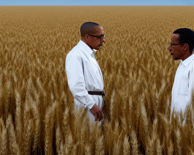 Prompt: walter white and gustavo fring facing each other in a wheat field, long shot, side view, 3 5 mm photograph, 8 k resolution, wide shot, sharp lens