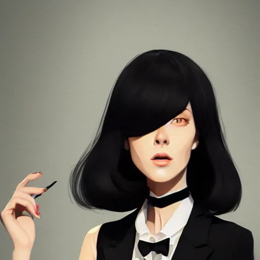 Image similar to slim mafia girl in tuxedo with black bob hair, elegant, 2d, ultra highly detailed, digital painting, smooth, sharp focus, artstation, art by Ilya Kuvshinov