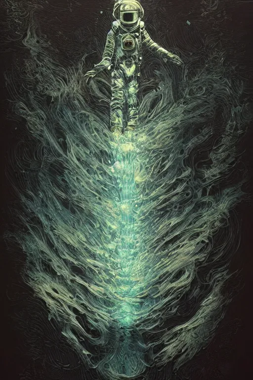 Image similar to close up shot of a full body floating astronaut portrait water elemental fading into water, high contrast, james gurney, peter mohrbacher, mike mignola, black paper, mandelbulb fractal, trending on artstation, exquisite detail perfect, large brush strokes, bold colors, intricate ink illustration, black background