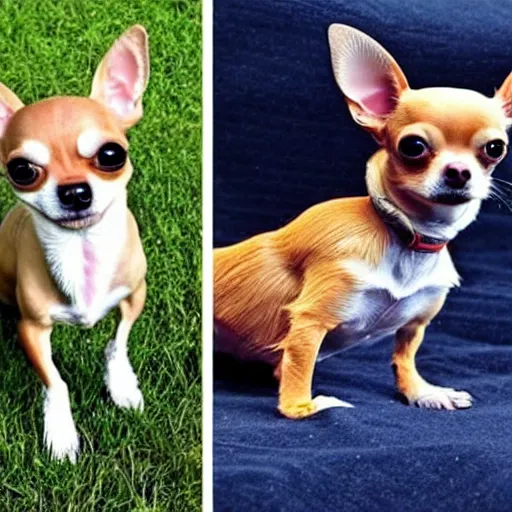 Image similar to a Chihuahua breed dog with an 8 pack and a chad face