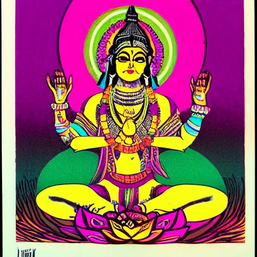 Prompt: indian deity of luck, bright psychedelic colors, lotus pose, risograph, hyperrealis