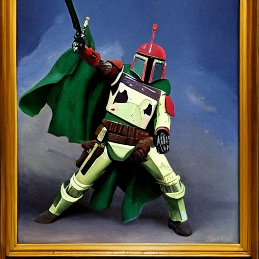 Prompt: Boba Fett in an action pose. Painted by Goya.