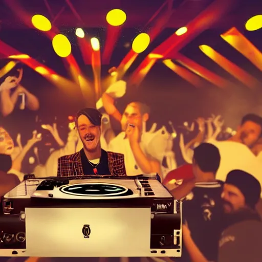 Prompt: a dj at a dj table in a club with pizzas flying through the sky, trending on artstation