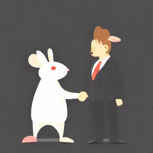 Image similar to an illustration of a mouse and a rabbit in suits shaking hands