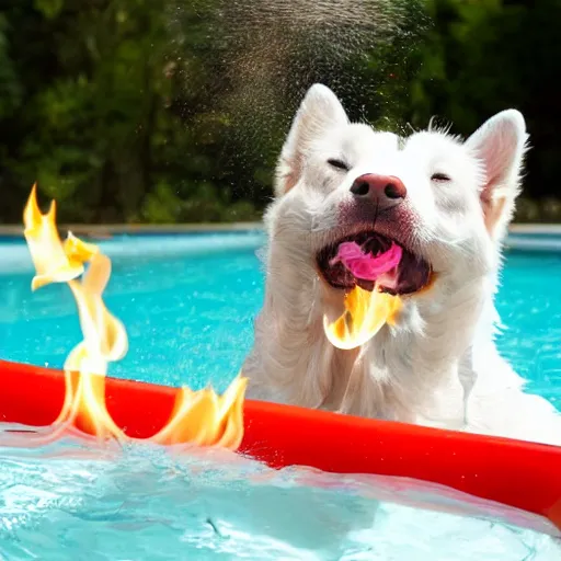 Image similar to dog-garlic spewing fire from his mouth while in the pool