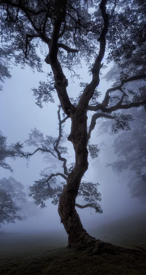 Image similar to ancient oak forest in blue hour light and misty waterfalls