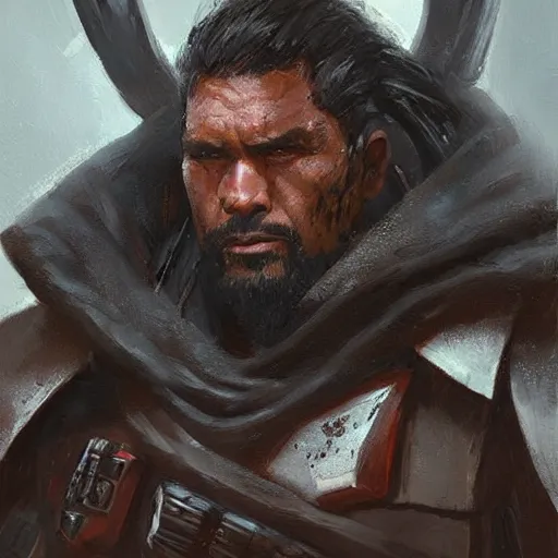 Image similar to portrait of a man by greg rutkowski, old bounty hanter, samoan features, tall and muscular, epic beard, star wars expanded universe, he is about 8 0 years old, wearing mandalorian gear.