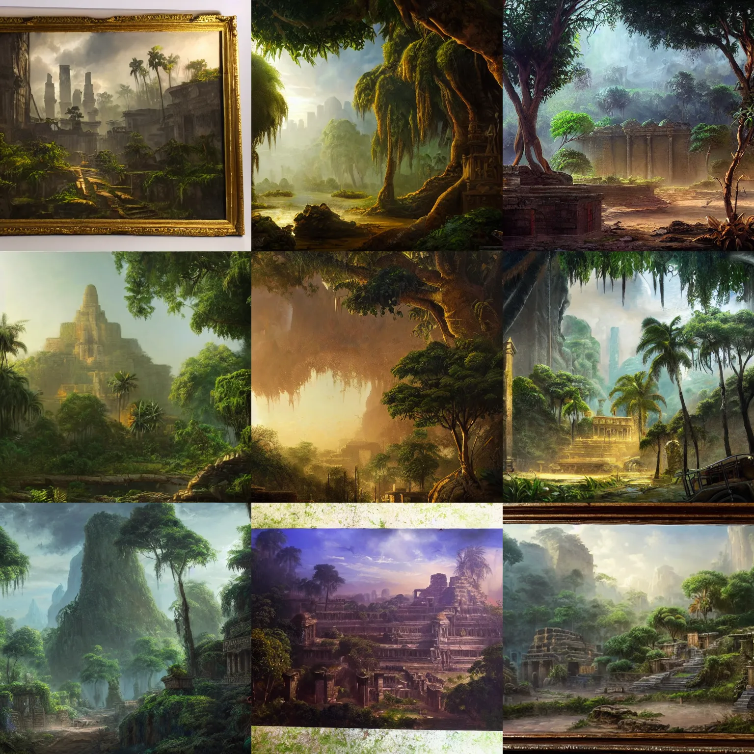 Prompt: An oil painting of an ancient city with jungle overgrowth. Dramatic lighting, high quality matte painting.