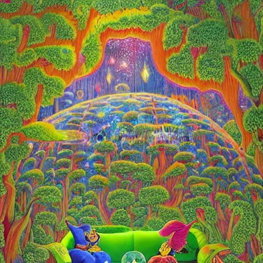 Image similar to psychedelic couch sofa in the lush forest, milky way, designed by moebius, rob gonsalves, gustav dore, giuseppe arcimboldo and carl barks, louis wain, trending on artstation, mediterranean, star, sharp focus, colorful refracted sparkles and lines, soft light, 8 k 4 k