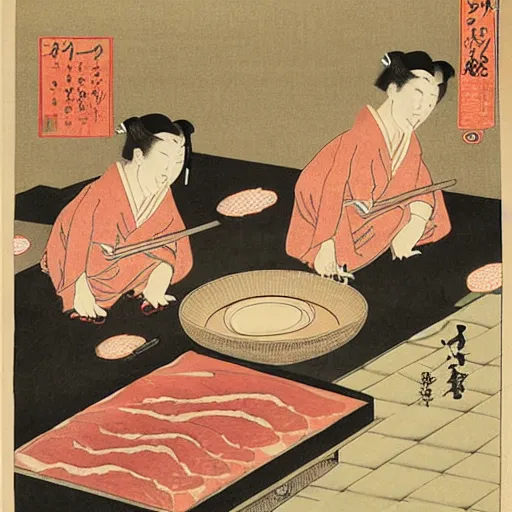 Image similar to angry japanese butcher slices meat next to \ two cute cats looking at him, vintage, painting by utamaro