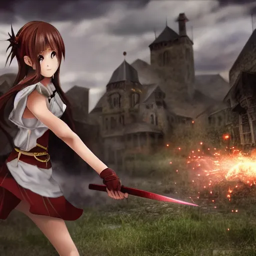 Prompt: Photorealistic anime, a young sorceress fights a battle using her magic, village square background