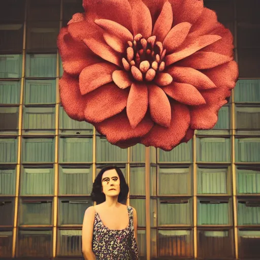 Image similar to giant flower head, frontal, woman standing in mid century building, surreal, symmetry, bright, tone in tone, cinematic, wes anderson