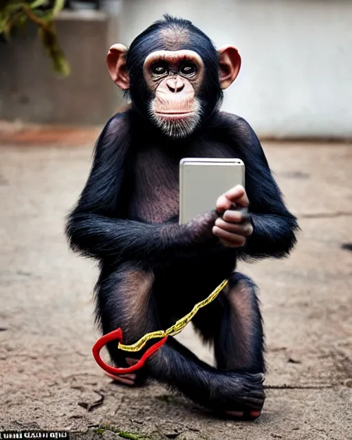 Image similar to A chimpanzee wearing a Wonder Woman outfit, holds a smart phone, photographed in the style of National Geographic, hyperreal