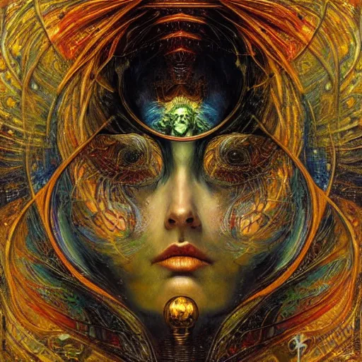 Image similar to Divine Chaos Engine by Karol Bak, Jean Deville, Gustav Klimt, and Vincent Van Gogh, beautiful visionary mystical portrait, sacred, otherworldly, fractal structures, ornate gilded medieval icon, third eye, spirals