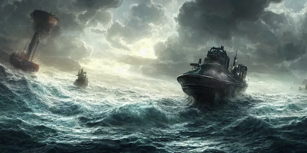 Image similar to scifi barge in turbulent waters in rocky coast, hyper realistic, highly detailed, digital art, apocalyptic, intimidating lighting, raytracing, sharp focus, smooth, romanticism