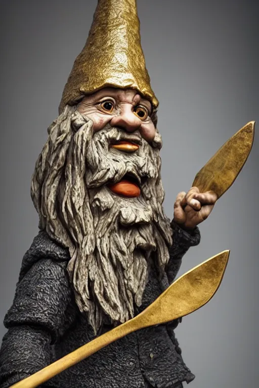 Image similar to photo taken of an epic intricate, ultra detailed, super realistic sculpture of gnome holding a pitchfork, sculpture on display, created by weta workshop, photorealistic, sharp focus, f 0. 4, face centred, golden ratio