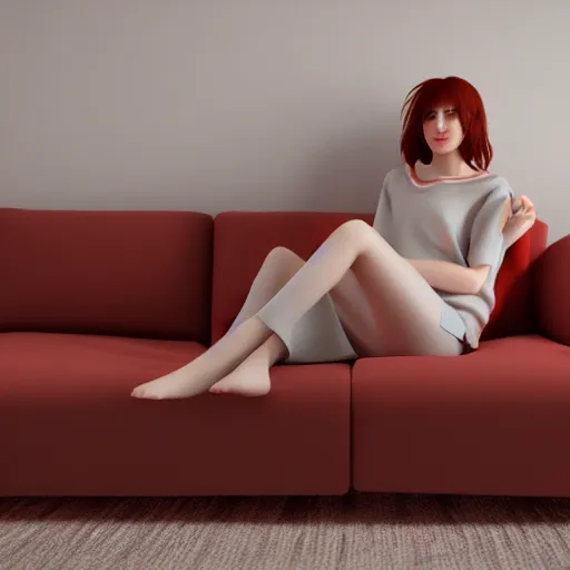 Image similar to 3 d render of a cute thin young woman, red blush, wearing casual clothes, small smile, relaxing on a couch, cuddling up under a blanket cozy living room, medium shot, 8 k, octane render, trending on artstation, unreal engine 5, hyperrealism