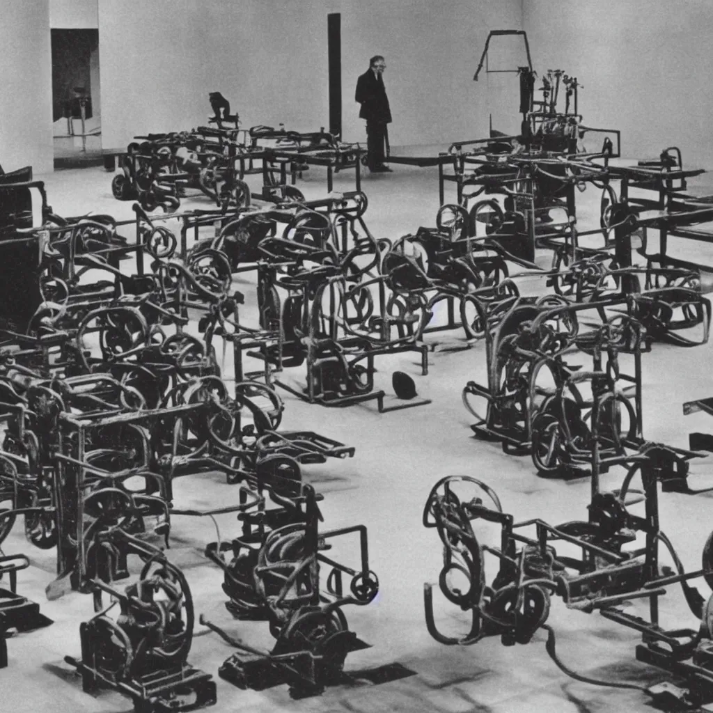 Prompt: a historical photograph of Marcel Duchamp surrounded by machines in a vast empty white room, 1919, courtesy of Centre Pompidou