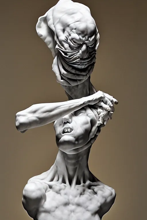 Image similar to Epic view of intricate Veiled Clown with twisted neck statue sculpted on white marble by Antonio Corradini, Wayne Barlowe and Artem Demura