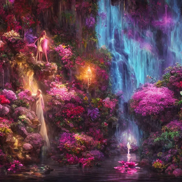 Image similar to oil painting, rich deep colors masterpiece, waterfall, gray, pink, ultra detailed, beautiful fantasy cave scene, contrast, firefly lights, neon drops, neon stones, redheaded flower girl and dress made of fresh flowers, roses, lilies, volumetric light, neon signs, atmospheric lighting, dramatic, cinematic, steampunk, moody, octane render 4 k, 8 k