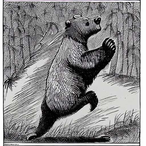 Prompt: cartoon panel of a bear falling over