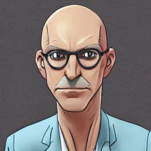 Image similar to A middle-aged Dr. Venture in real life with a hooked nose, a long gaunt face and skinny body and neck, very thin and bald, realistic, very realistic, hyperrealistic, highly detailed, very detailed, extremely detailed, detailed, digital art, oil painting, trending on artstation, headshot and bodyshot, detailed face, very detailed face, extremely detailed face, HD Quality, 8k resolution, very very detailed face, real life