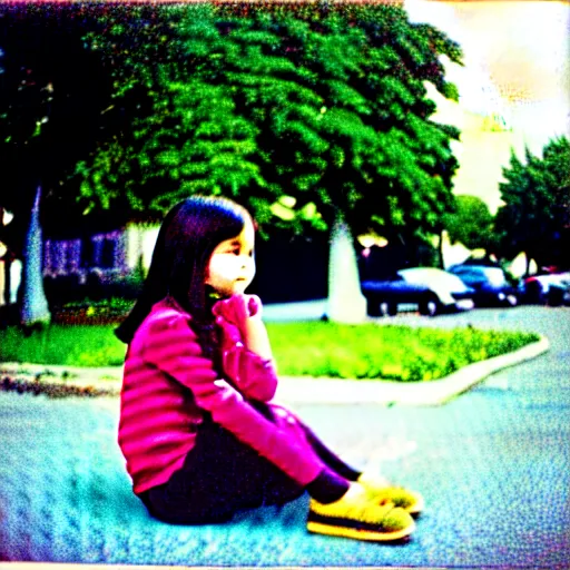 Prompt: a potrait of young girl sitting down infront of her big school, photorealistic, kodak 4 0 0, award winning photography