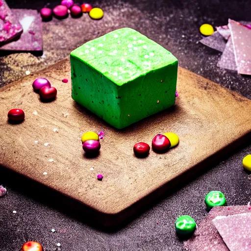 Image similar to photograph of a marshmallow cube with sprinkles and chocolate flakes on a dark wooden chopping board, light green pastel, hessian cloth, styled food photography, photorealistic, 4 k