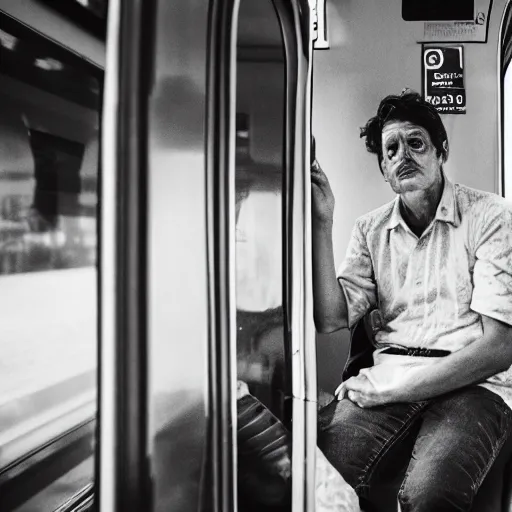 Image similar to a very very confused and scared man riding a suburban train for the first time, 8 5 mm photograph