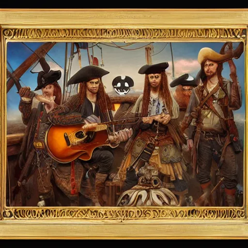 Prompt: ultra realist soft painting of pirate folk musicians playing music, pirate ship, pirates watching, symmetry accurate features, very intricate details, focus, artstyle Hiraku Tanaka and Tom Bagshaw, award winning