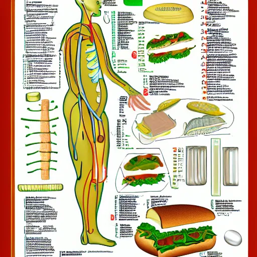 Prompt: medical diagram of a sandwich and a human body