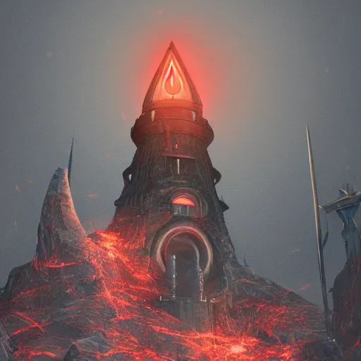 Prompt: high round tower with a huge red eye of sauron floating at the top, artstation award winner, octane render, realistic