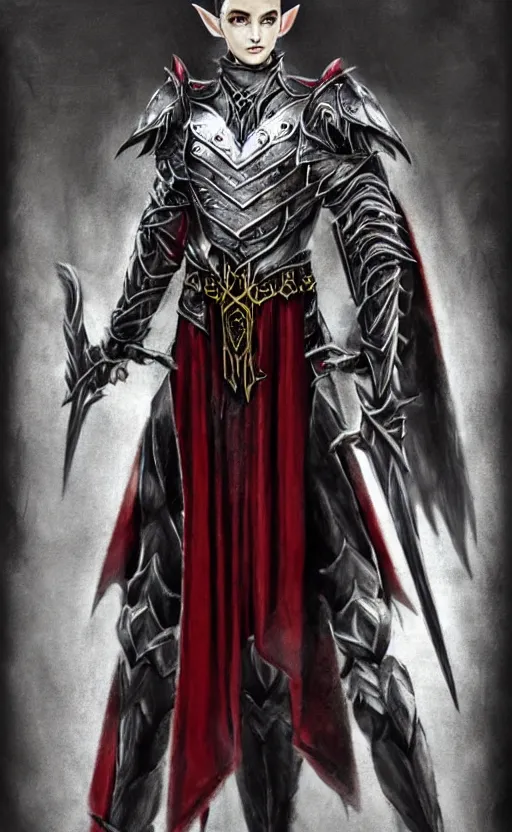 Image similar to A male elf, 20 years old, short silver hair, red eyes, wearing a spiked black metal crown, black heavy armor with gold trim, and a red cape, lean but muscular, attractive, command presence, royalty, weathered face, smooth, sharp focus, illustration, concept art, highly detailed, muscle definition, fantasy paitning, ArtStation, ArtStation HQ